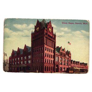 Vintage 1911 Union Depot Detroit MI Postcard Mailed 1 Cent Green Stamp Historic